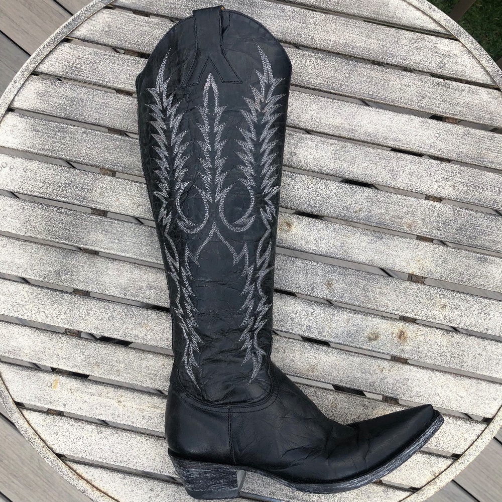 Old Gringo Black Leather Western Knee-High Boot with Silver Embroidery
